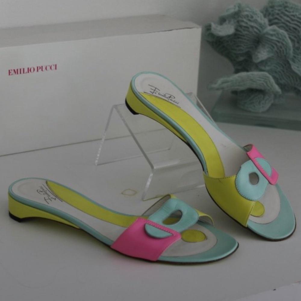 RARE RETRO Emilio Pucci Colorblock Leather Yellow Pink Green Slides Sandals 37.5 - Picture 10 of 11